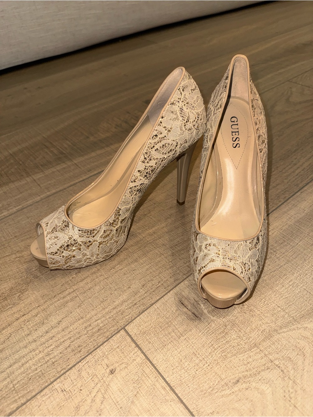 GUESS Women's Lace Peep-Toe High Heel Pump in Nude
